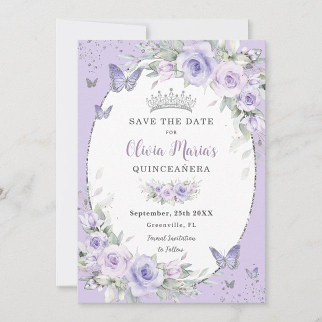Lavender Lila Flora Schmetterlinge Quinceañera Save The Date (Vorderseite)