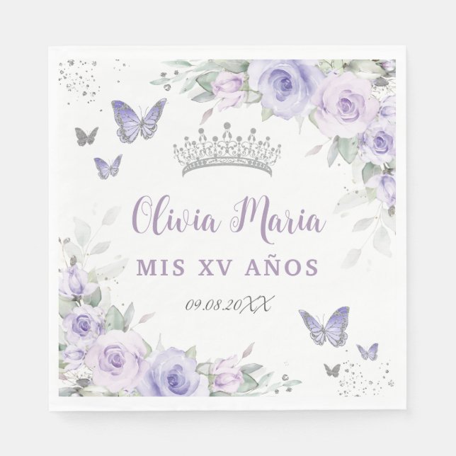 Lavender Lila Flora Schmetterlinge Quinceañera Serviette (Vorderseite)