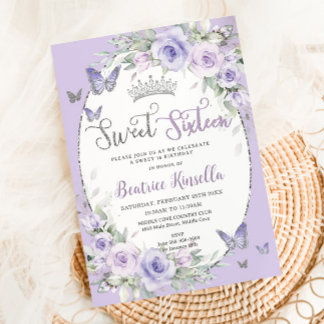 Lavender Lila Floral Butterfells 16 . Geburtstag Einladung