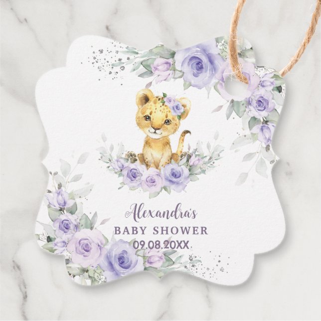 Lavender Lila Floral Lion Cub Babydusche Geschenkanhänger (Rückseite)