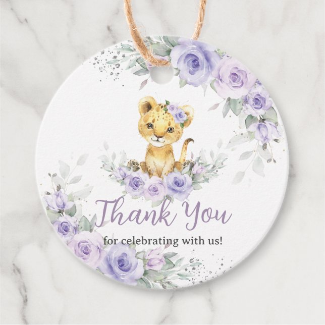 Lavender Lila Floral Lion Cub Babydusche Geschenkanhänger (Vorderseite)