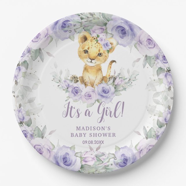 Lavender Lila Floral Lion Cub Babydusche Pappteller (Vorderseite)