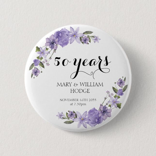 Lavender lila Florale 50. Hochzeitstag Button (Vorderseite)