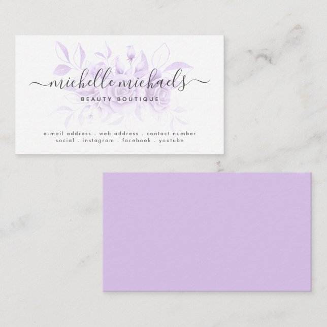 Lavender Lila florale Minimalskripte Moderne  Visitenkarte (Vorne/Hinten)