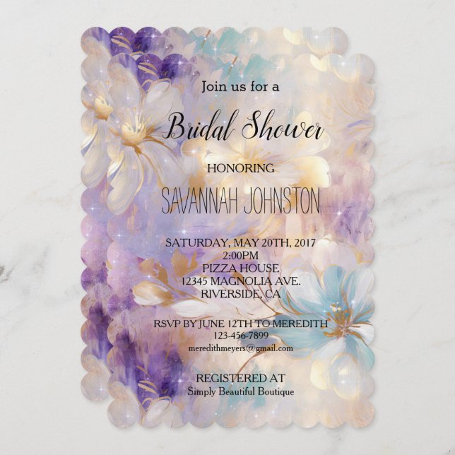 Lavender Lila Gold Glam Floral Brautparty Einladung (Vorne/Hinten)