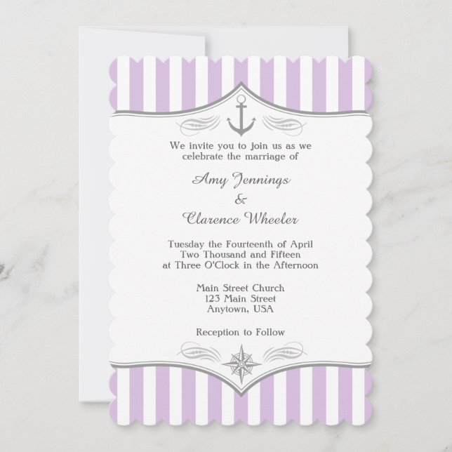 Lavender Lila Gray Nautical Wedding Einladung (Vorderseite)