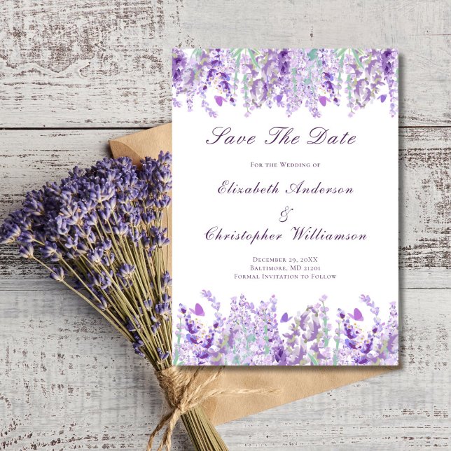 Lavender Lila grüne Wasserfarbe Elegante Save The Date (Lavender greenery watercolor floral, Wedding Save the Date invitation card. )