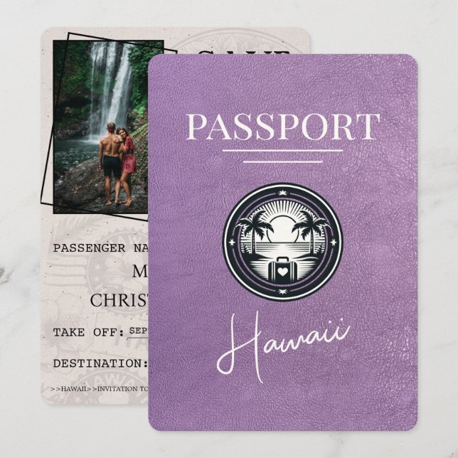 Lavender Lila Hawaii Passport Save the Date (Vorne/Hinten)