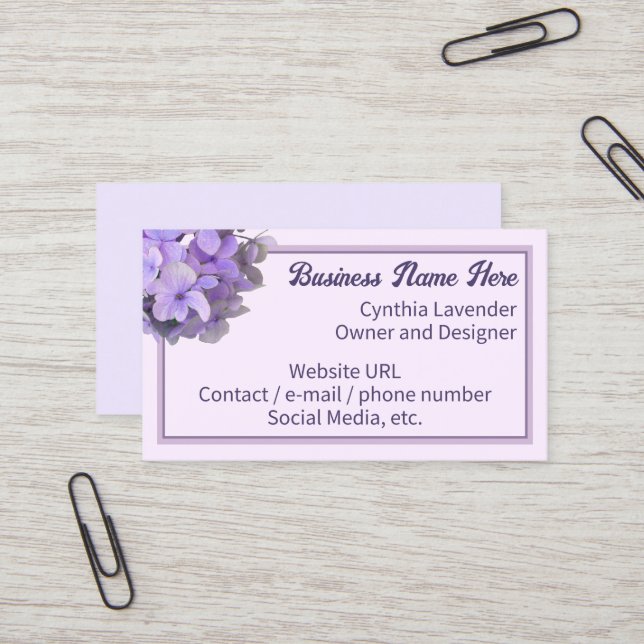Lavender Lila Hydrangea Business Card Visitenkarte (Vorderseite/Rückseite Beispiel)