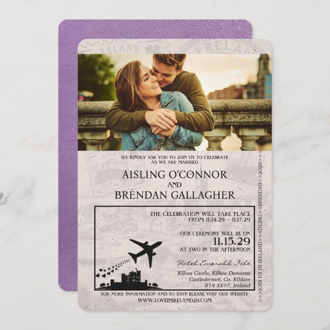 Lavender Lila Ireland Passport Wedding Einladung (Vorne/Hinten)