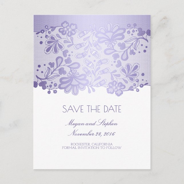 Lavender Lila Lace Elegant Save the Date Ankündigungspostkarte (Vorderseite)