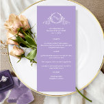 Lavender Lila Mongram Wedding Menü Menükarte<br><div class="desc">Freuen Sie sich auf dieses wunderschöne Hochzeitsmenü mit einem handgezeichnet botanischen Monogramm mit den Initialen des Ehepaares in Weiß und einem lila Lavendel. Einfach die Vorlage mit Ihren Details und Menü ausfüllen und Ihre Drucke bestellen! Möglichkeit, die lavender-lila "Hintergrundfarbe" in einen anderen lila Farbton oder sogar eine andere Farbe zu...</div>