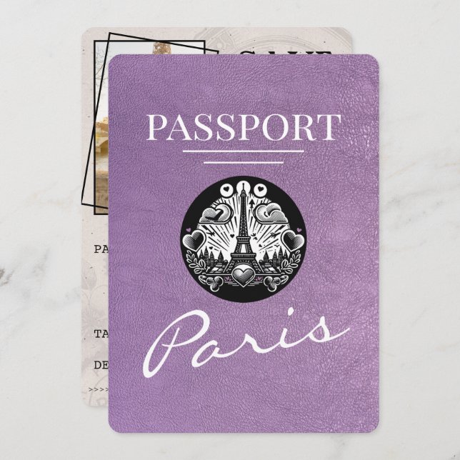 Lavender Lila Paris Passport Save the Date (Vorne/Hinten)
