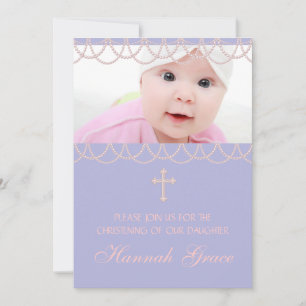 Lavender Lila Pearl Cross Foto Christening Einladung