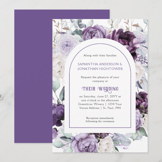Lavender Lila Peonies Oval Border Wedding | Invi Einladung (Vorne/Hinten)