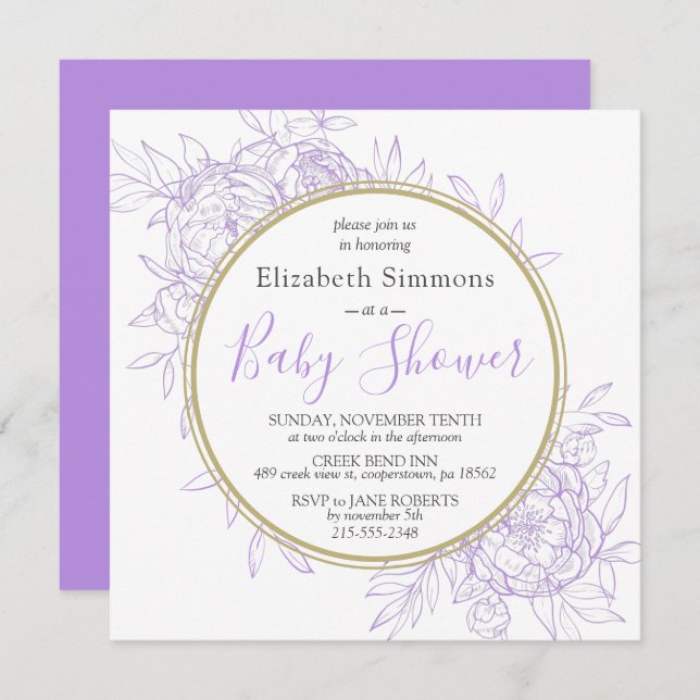 Lavender Lila Peony Floral Toile Baby Dusche Einladung (Vorne/Hinten)
