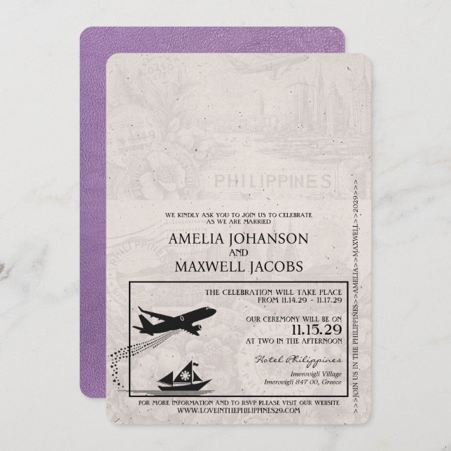 Lavender Lila Philippines Passport Wedding Einladung (Vorne/Hinten)