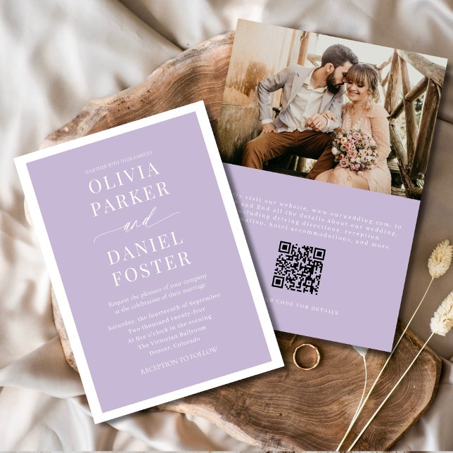 Lavender Lila QR Code Foto Minimalistisch Hochzeit Einladung (Von Creator hochgeladen)