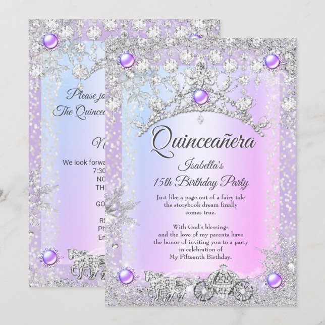 Lavender lila Quinceanera 15. Winter Carriage Einladung (Vorne/Hinten)