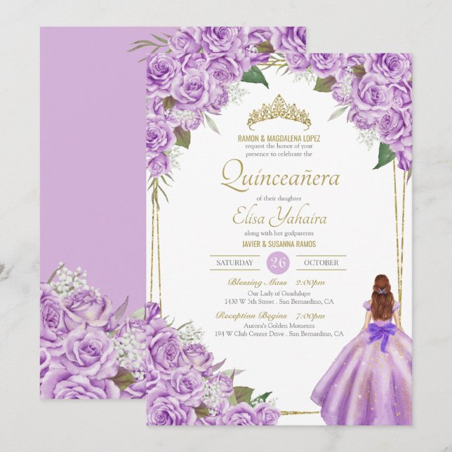 Lavender Lila Quinceanera Elegante Rose Einladung (Vorne/Hinten)