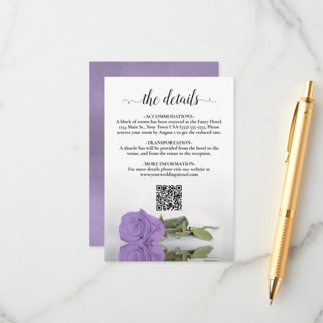 Lavender Lila Rose Hochzeitdetails QR-Code Begleitkarte (Vorderseite/Rückseite Beispiel)