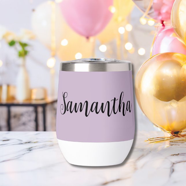 Lavender Lila Script Monogram Bridesmaid Gift (Lavender Purple Monogrammed Name Thermal Wine Tumbler Bridesmaid Gift, Bachelorette Party gift)