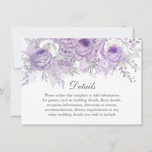 Lavender Lila Silver Blume Hochzeitsdetails Einladung (Vorderseite)