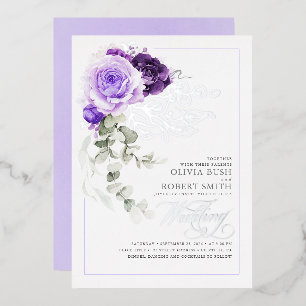 Lavender Lila & Silver Foil Floral Boho Wedding Folieneinladung