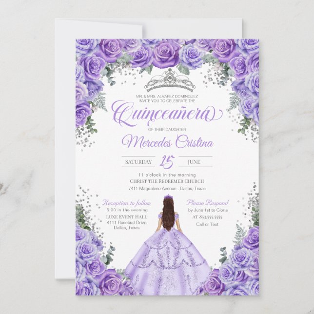 Lavender Lila & Silver Rose Elegante Quinceanera Einladung (Vorderseite)
