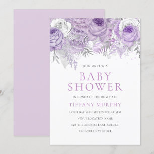 Lavender Lila Sparkle Floral Baby Dusche Einladung