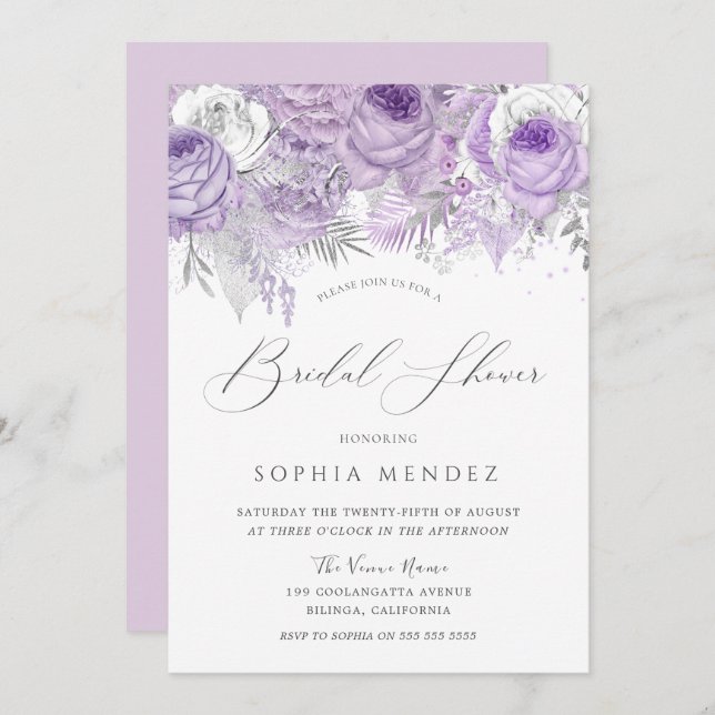 Lavender Lila Sparkle Floral Brautparty Invit Einladung (Vorne/Hinten)