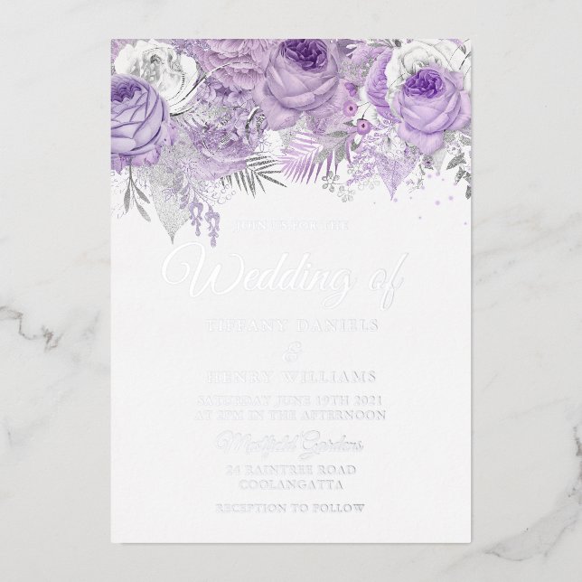 Lavender Lila Sparkle Floral Wedding Silver Folieneinladung (Vorderseite)