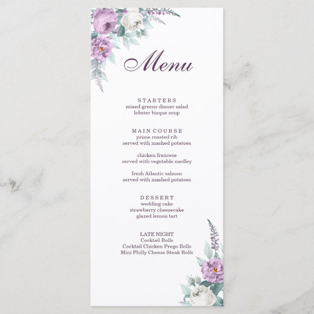 Lavender Lila Wedding Menu Card Menükarte (Vorderseite)