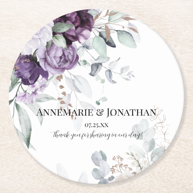 Lavender Lila White Rustic Florals Runder Pappuntersetzer (Vorderseite)
