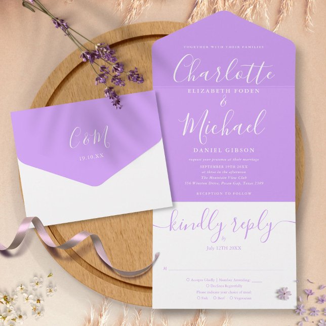 Lavender Lilac Elegante Script Minimalistische Hoc All In One Einladung (Von Creator hochgeladen)