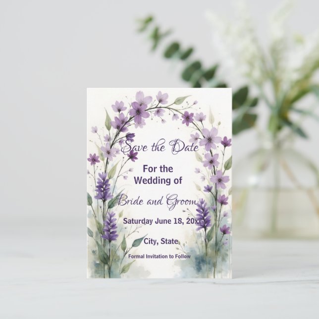 Lavender & Lilac Floral Arch Save the Date Postkarte (Stehend Vorderseite)