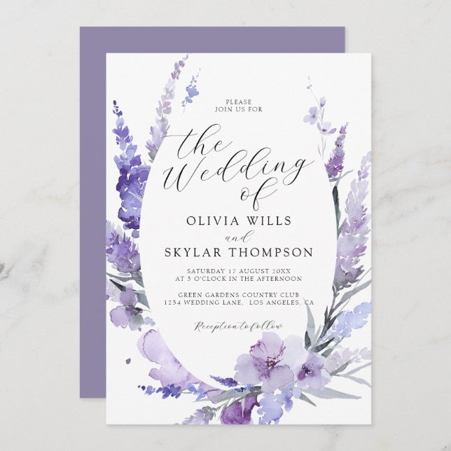 Lavender Lilac Floral Botanische Lila Hochzeit Einladung (Vorne/Hinten)