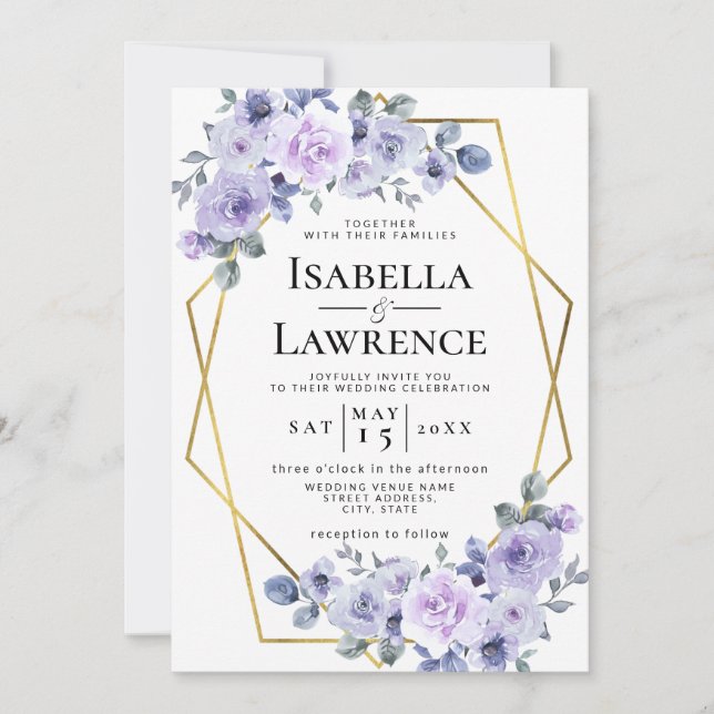 Lavender Lilac Floral Gold Frame Elegante Hochzeit Einladung (Vorderseite)