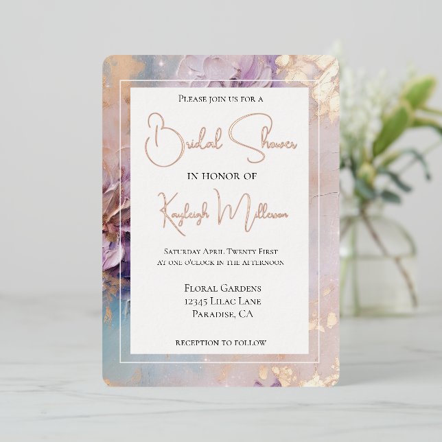 Lavender Lilac Gold Aqua Brautparty Folieneinladung (Stehend vorne)