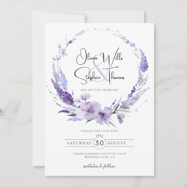 Lavender Lilac Lila Floral Boho Save the Date Einladung (Vorderseite)