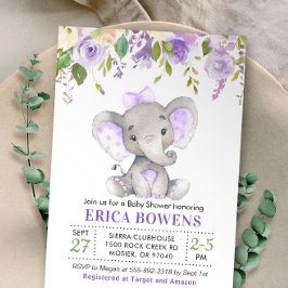 Lavender Lilac Lila Girl Elephant Babydusche Einladung