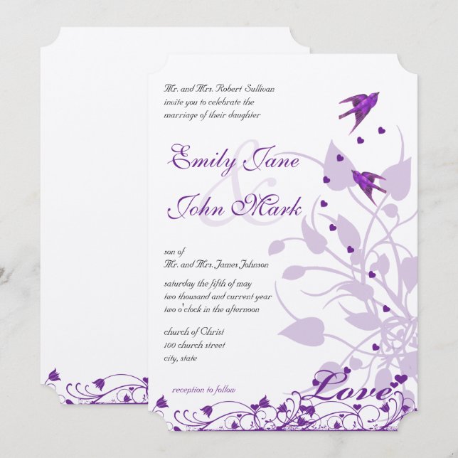 Lavender & Lilac Lila Plum Love Bird Wedding Einladung (Vorne/Hinten)
