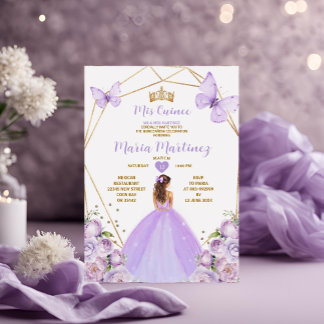 Lavender Lilac Princess Butterfly Gold Quiñceanera Einladung