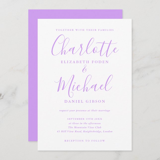 Lavender Lilac Signature Script Wedding Einladung (Vorne/Hinten)