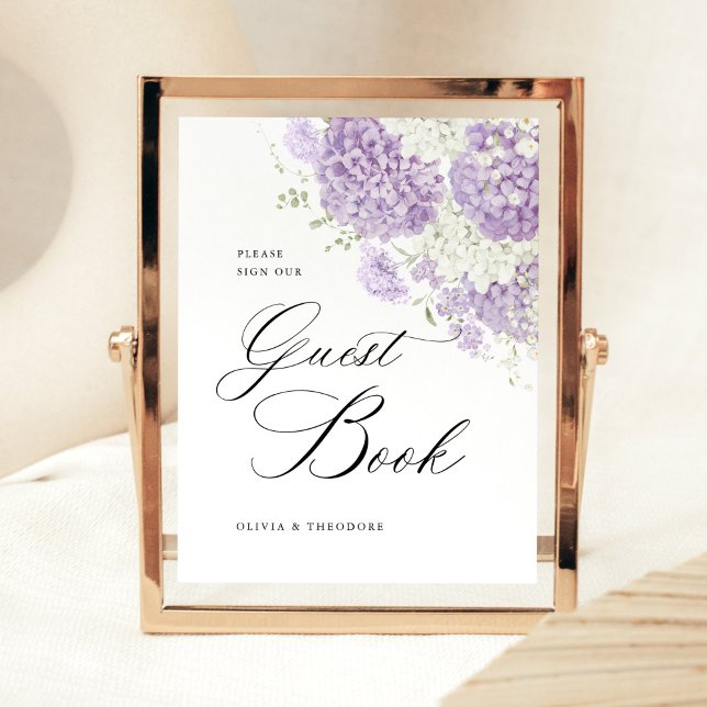 Lavender Lilac White Floral Guest Book Wedding Sockelschild (Lavender lilac white hydrangea guest book sign wedding signage with elegant script, watercolor)
