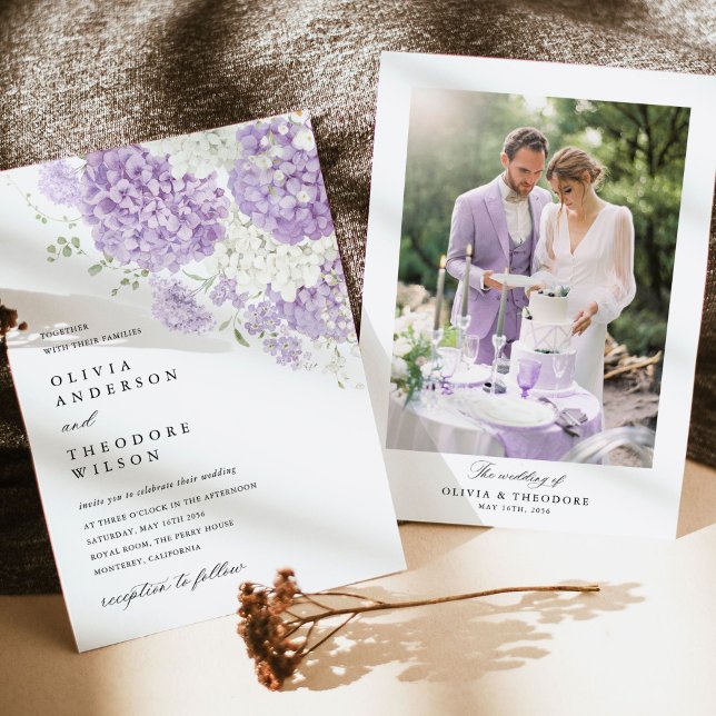 Lavender Lilac White Floral Photo Wedding Einladung (Lavender wedding photo invitation with hydrangea floral, romantic, elegant lilac purple invites)