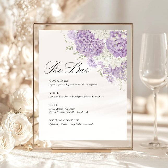Lavender Lilac White Floral Wedding Bar Menu Sockelschild (Lavender lilac white hydrangea wedding bar sign with elegant calligraphy, purple floral bar menu)