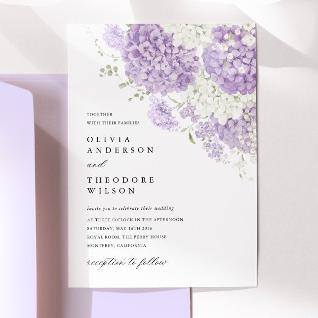 Lavender Lilac White Floral Wedding Einladung (Lavender white hydrangea floral wedding invitation, elegant, romantic lilac purple stationery)