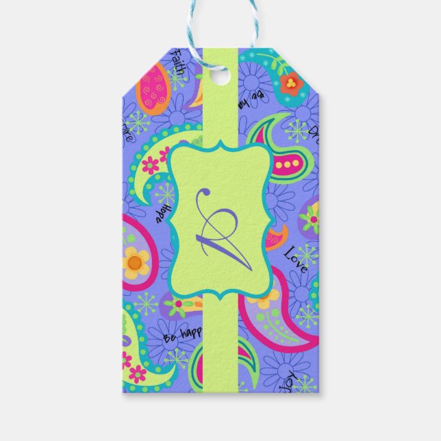 Lavender Lime Green Monogram Modern Paisley Geschenkanhänger (Vorderseite)