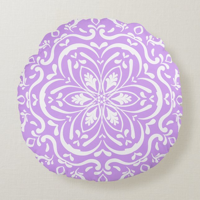 Lavender Mandala Rundes Kissen (Vorderseite)